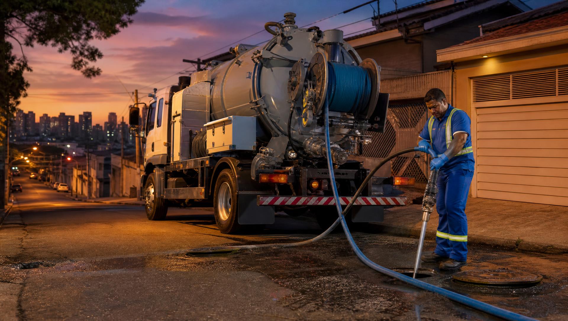 Técnico da Desentupidora Resolve 24 Horas usando hidrojateamento em atendimento noturno